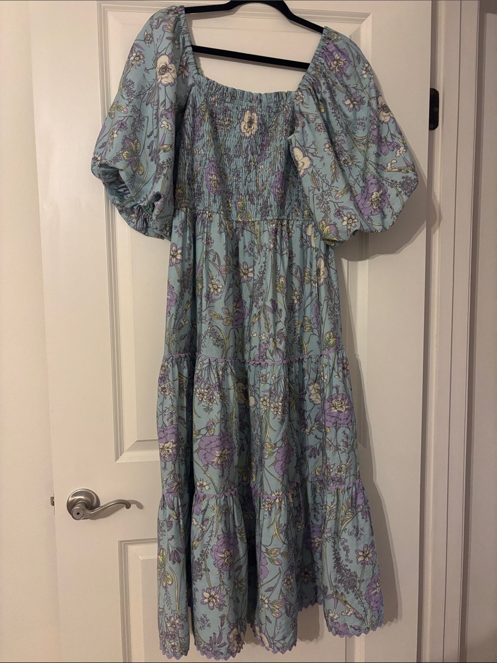 Light Blue Floral Puff Sleeve Midi Dress with Smocked Bodice